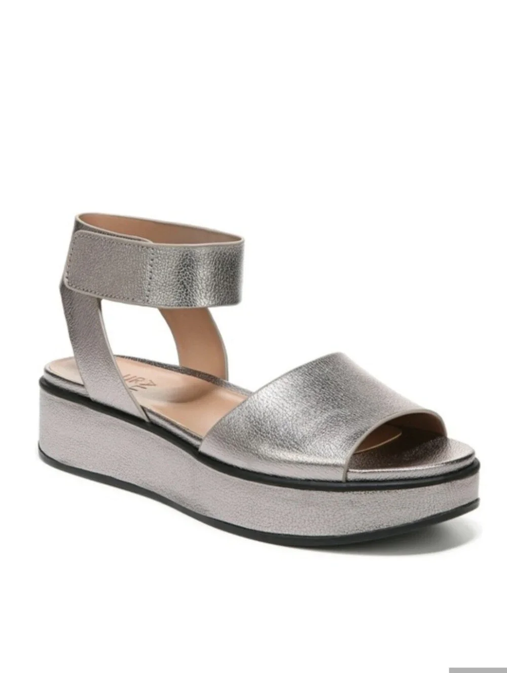 Naturalizer Metallic Silver Platform Sandals with Ankle Strap New In Box
